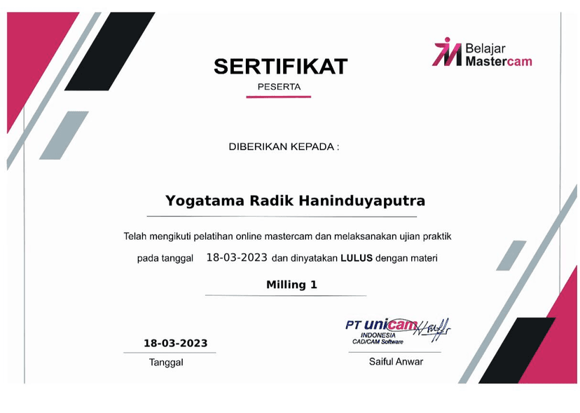 MasterCAM Milling 1 Training | Belajar MasterCAM certificate